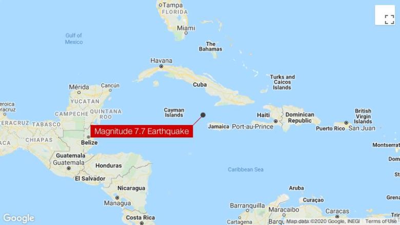 Magnitude 7.7 earthquake strikes off the coast of Jamaica and is felt as far away as Miami